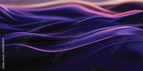 Abstract flowing waves in rich purple and deep violet hues accented with luminous pink magenta orange light lines creating a smooth and dynamic digital background texture abstract background
