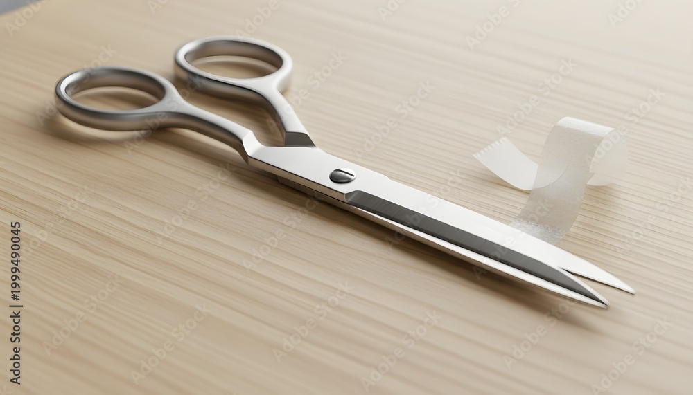 Obraz premium Professional pair of scissors beside cut tape lying on a light wood desk for DIY craft and repair concept, sharp metal shears on a natural wooden surface with adhesive