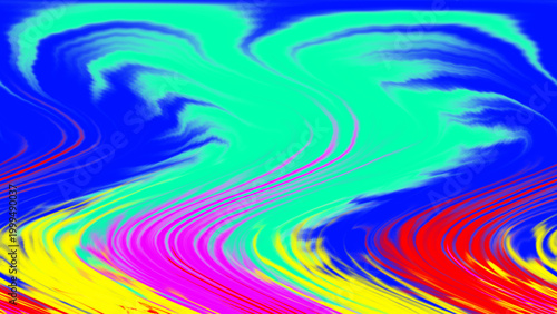 Abstract optical illusion with vibrant blue cyan yellow red magenta swirling fluid waves forming dynamic motion depth pattern