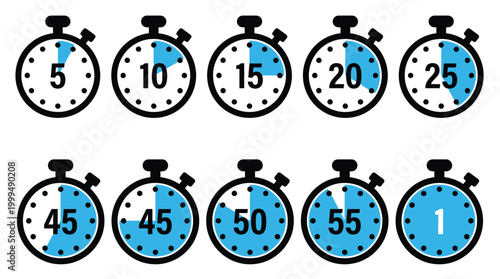 Timer clock, stopwatch set icons with different time. Countdown timer symbol icon set. Sport clock with time meaning. Label cooking symbols. Stopwatch intervals signs - vector