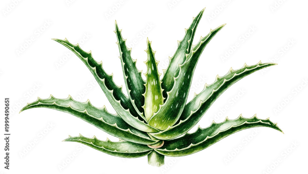 Fototapeta premium Vibrant Green Aloe Vera Plant with Spiky Leaves and Central Stem