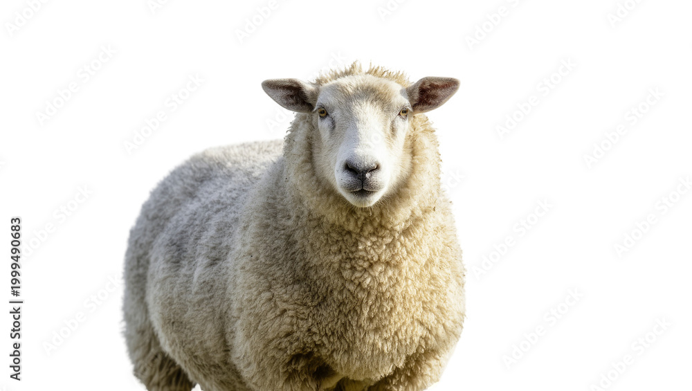 Fototapeta premium Fluffy Cream Colored Sheep Portrait with Woolly Coat and Horns