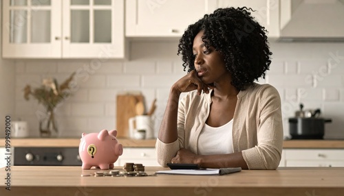 Thoughtful African woman sitting at kitchen table looking at piggy bank and coins with question mark. financial planning, personal finance, money management, savings, investment.