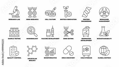 Biotechnology and Molecular Biology Genetic Line Art Icon Set Vector Illustration Editable