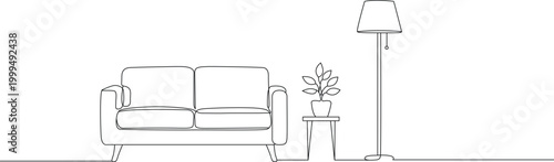 Continuous line drawing living room interior sofa plant lamp. Editable thin outline. Simple outline editable stroke vector illustration