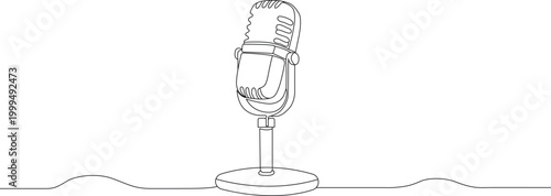 Continuous line drawing of retro microphone for podcasting and broadcasting. Simple outline editable stroke. Simple contour art vector illustration
