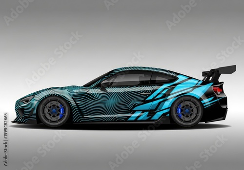 Custom sports car with blue and black wavy vinyl wrap