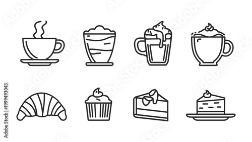 Café Menu Delights: A collection of meticulously drawn icons showcases a delightful array of coffee beverages and pastries, perfect for illustrating a café's offerings.