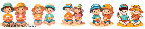 vector two children sitting on beach sand drinking iced drinks enjoying summer