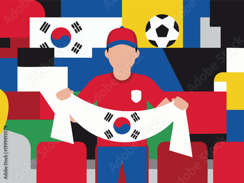 South Korean soccer fan cheering with flag banner at a vibrant stadium