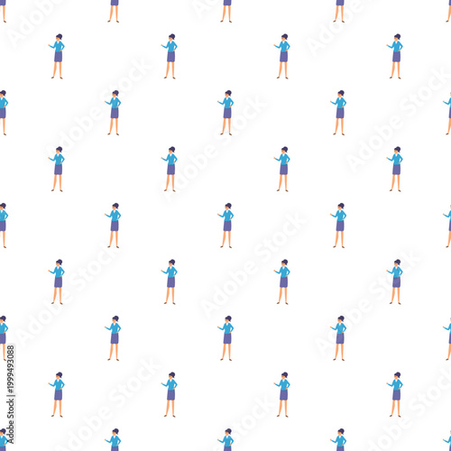 Businesswoman cartoon character standing and making a presenting gesture in a repeating pattern