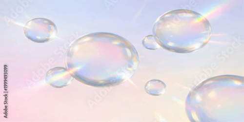 Ephemeral Bubbles: Delicate transparent bubbles float weightlessly against a soft, pastel backdrop, each one reflecting a gentle spectrum of colors and light, creating a dreamy and ethereal effect.