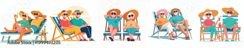 vector old couple lying on beach lounge chairs enjoying summer