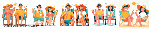 vector couple sitting on beach chairs drinking iced drinks enjoying summer