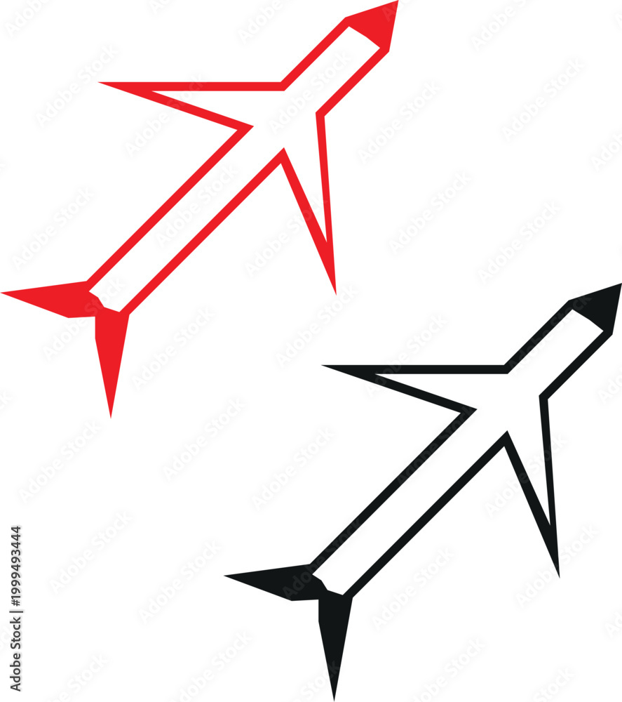Obraz premium This graphic features a stylized, sharp-edged airplane silhouette in two color variations. Because of its aggressive and modern lines, it is perfect for travel branding, aviation logos, or flight-trac