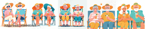 vector old couple sitting on beach chairs drinking iced drinks enjoying summer