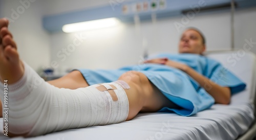 Hospital patient with leg in cast recovery and medical care