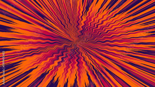 Abstract optical illusion with radiating orange red purple zigzag lines forming dynamic starburst motion depth vibrant pattern