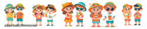 vector two children standing carrying iced drinks enjoying summer