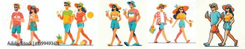 vector couple walking carrying iced drinks enjoying summer