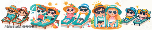 vector two children lying on beach lounge chairs enjoying summer