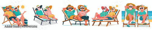 vector old couple lying on beach lounge chairs enjoying summer
