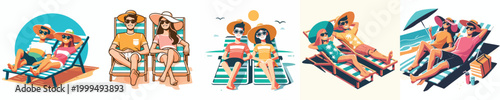 vector couple lying on beach lounge chairs enjoying summer