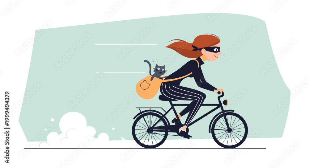 Fototapeta premium Mysterious female thief wearing a mask rides a bicycle with a surprised grey cat peeking out of her backpack during a fast getaway.