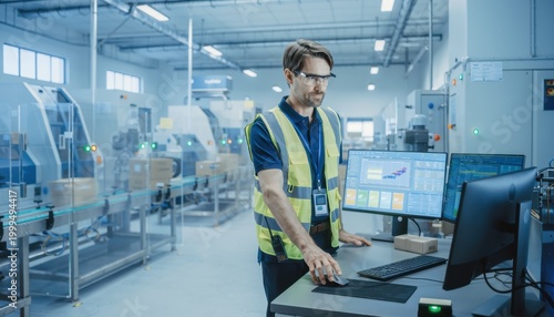 Industrial Innovation: A focused male engineer in a hi-vis vest monitors a production line on a computer screen within a modern factory, symbolizing advanced manufacturing and technological progress.