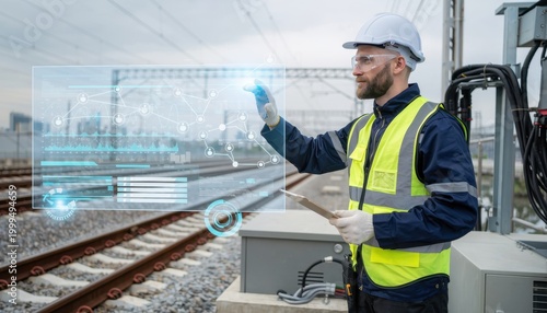 Engineer interacting with futuristic HUD interface: A construction engineer in safety gear uses a transparent holographic interface to monitor railway operations.