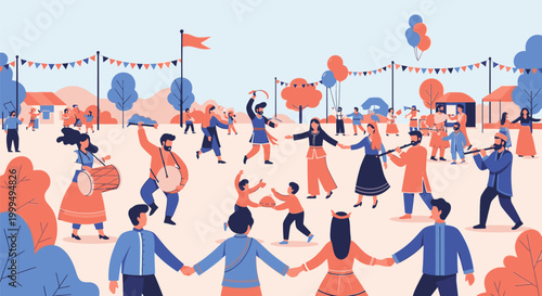 People gather at a vibrant outdoor festival with decorations and trees