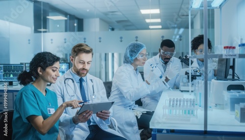 Scientists Collaborating in Modern Laboratory: A team of scientists, including doctors and researchers, are engaged in collaborative work within a cutting-edge laboratory.