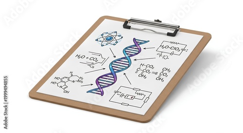 DNA double helix structure on clipboard with scientific notes