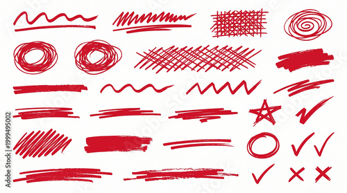 Red marker scribble lines set, hand drawn underline strokes, grunge doodle elements, PNG design pack