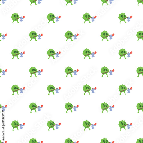 Green cartoon virus characters spraying disinfectant in a repeating pattern