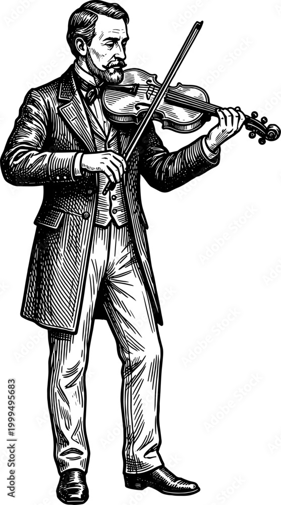 Obraz premium Classical violinist in formal attire performing on a violin engraving