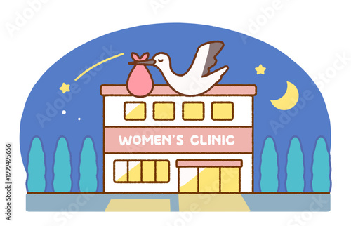夜の産婦人科クリニックの外観イラスト｜クリニック・建物・夜間診療