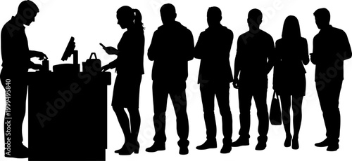 Crowd of people waiting in line at a service counter silhouette