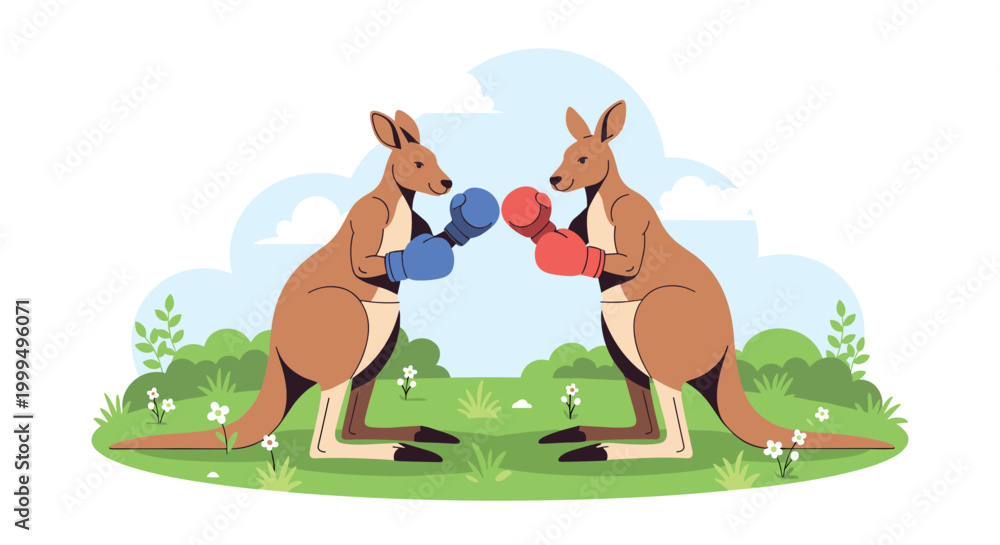Obraz premium Two red kangaroos wearing boxing gloves facing each other in a grassy field to illustrate a competitive nature or boxing match.