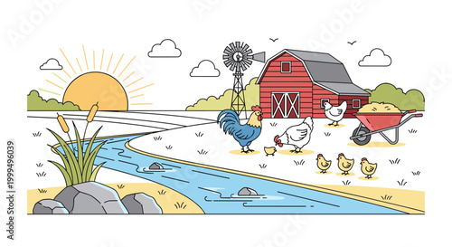 Idyllic farm landscape featuring a red barn, tall windmill, flowing blue stream, and chickens foraging under a bright rising sun.