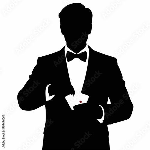 elegant black silhouette poker dealer holding ace cards minimalist design