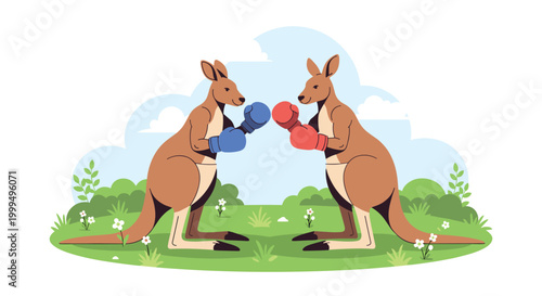 Two red kangaroos wearing boxing gloves facing each other in a grassy field to illustrate a competitive nature or boxing match.