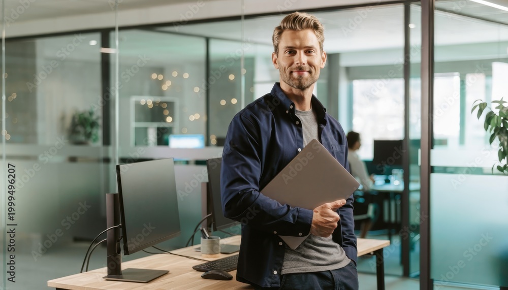 Fototapeta premium Confident Professional in Modern Office: A smiling man with a laptop stands in a contemporary office, exuding confidence and competence.