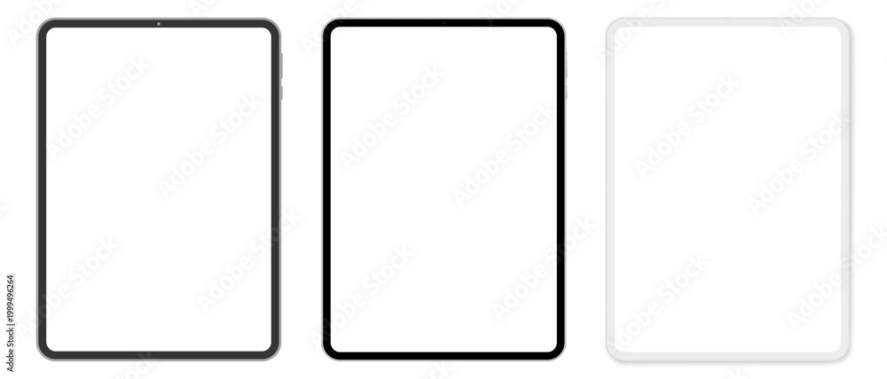 Naklejka premium Modern Tablet Mockup With Blank Screen in Realistic, White Clay and Flat Vector Style on Transparent Background. Vector illustration