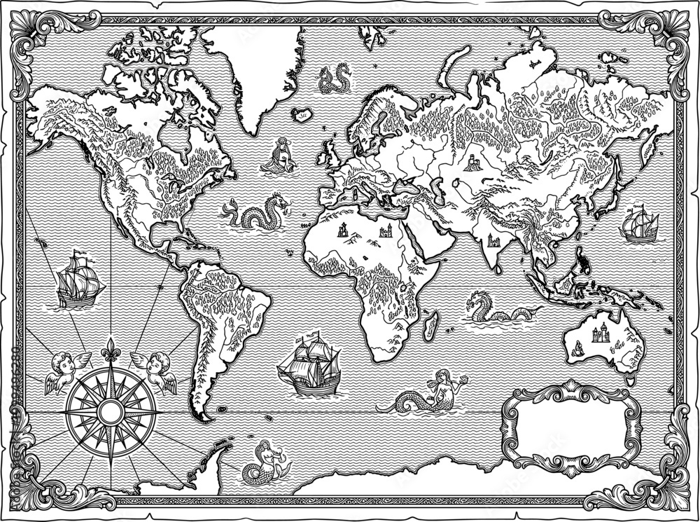 Obraz premium Detailed vintage world map with mermaids and ships