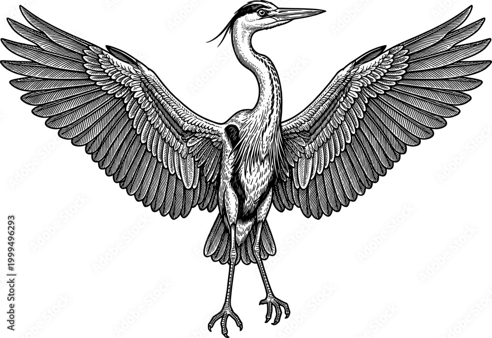Fototapeta premium Displaying heron with fully expanded wings in a traditional line art style