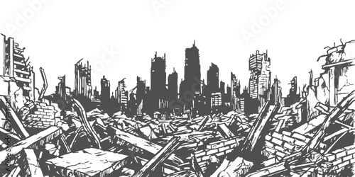 Ruined city landscape with destroyed buildings and rubble after a disaster black and white drawing