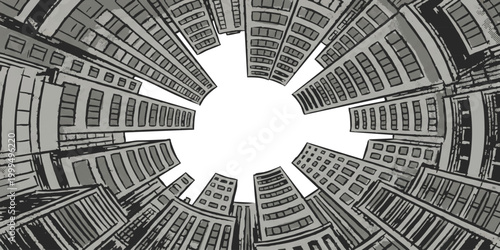 Low angle view of tall city skyscrapers looking up at the sky in a circle pattern