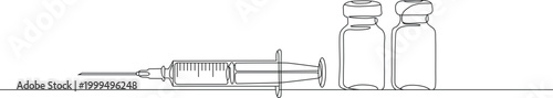 Medical syringe and two vials in continuous line art style.  Editable thin outline. Minimal line width vector illustration