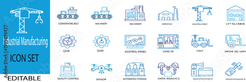 Industrial manufacturing icon set, assembly line, robotic arm, oil pump jack, crane, forklift truck, minimal line icons, thin stroke, geometric precision, black white background. 